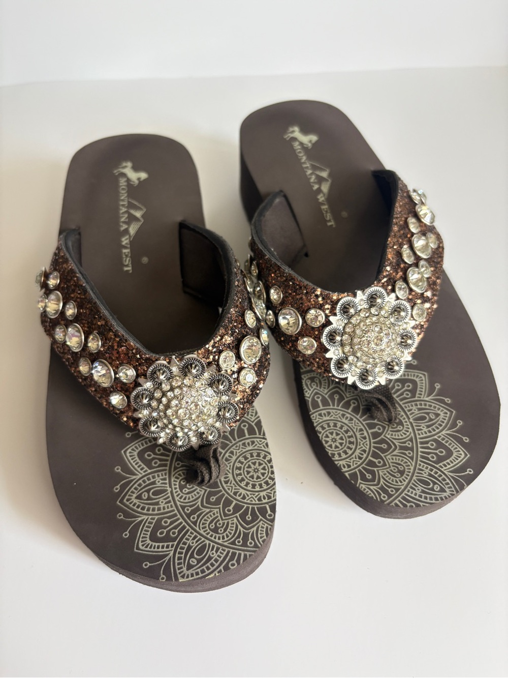 Montana West Brown Jeweled Floral Thong Sandals